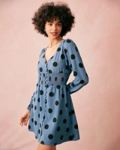 The Blue V Neck Polka Dot Long Sleeve Mini Dress 8 The Blue V Neck Polka Dot Long Sleeve Mini Dress -CINN Clothing Shop the blue v neck polka dot dress dresses 3qhtoe 787782