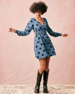 The Blue V Neck Polka Dot Long Sleeve Mini Dress 10 The Blue V Neck Polka Dot Long Sleeve Mini Dress -CINN Clothing Shop the blue v neck polka dot dress dresses 7eacxy 983568