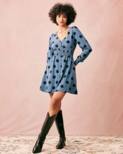 The Blue V Neck Polka Dot Long Sleeve Mini Dress 9 The Blue V Neck Polka Dot Long Sleeve Mini Dress -CINN Clothing Shop the blue v neck polka dot dress dresses bbvd5x 275891