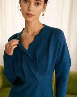The Blue V Neck Scalloped Sweater Mini Dress 8 The Blue V Neck Scalloped Sweater Mini Dress -CINN Clothing Shop the blue v neck scalloped sweater dress dresses fuq5v7