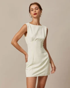 The Beige Boat Neck Back Bowknot Mini Dress