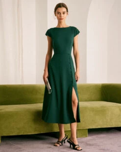 The Green Boat Neck Cutout Back Midi Dress 11 The Green Boat Neck Cutout Back Midi Dress -CINN Clothing Shop the boat neck cutout back dress green dresses 3ioizd