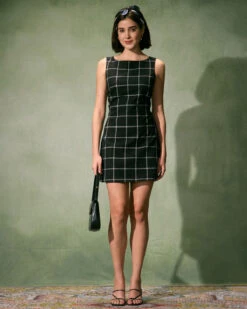 The Black Boat Neck Cotton Linen Plaid Mini Dress 8 The Black Boat Neck Cotton Linen Plaid Mini Dress -CINN Clothing Shop the boat neck plaid tie dress dresses cqdy38