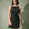 The Black Boat Neck Cotton Linen Plaid Mini Dress