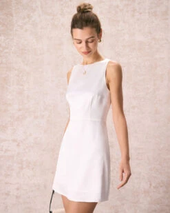 The White Boat Neck Satin A-Line Mini Dress -CINN Clothing Shop the boat neck satin mini dress dresses tejrlj