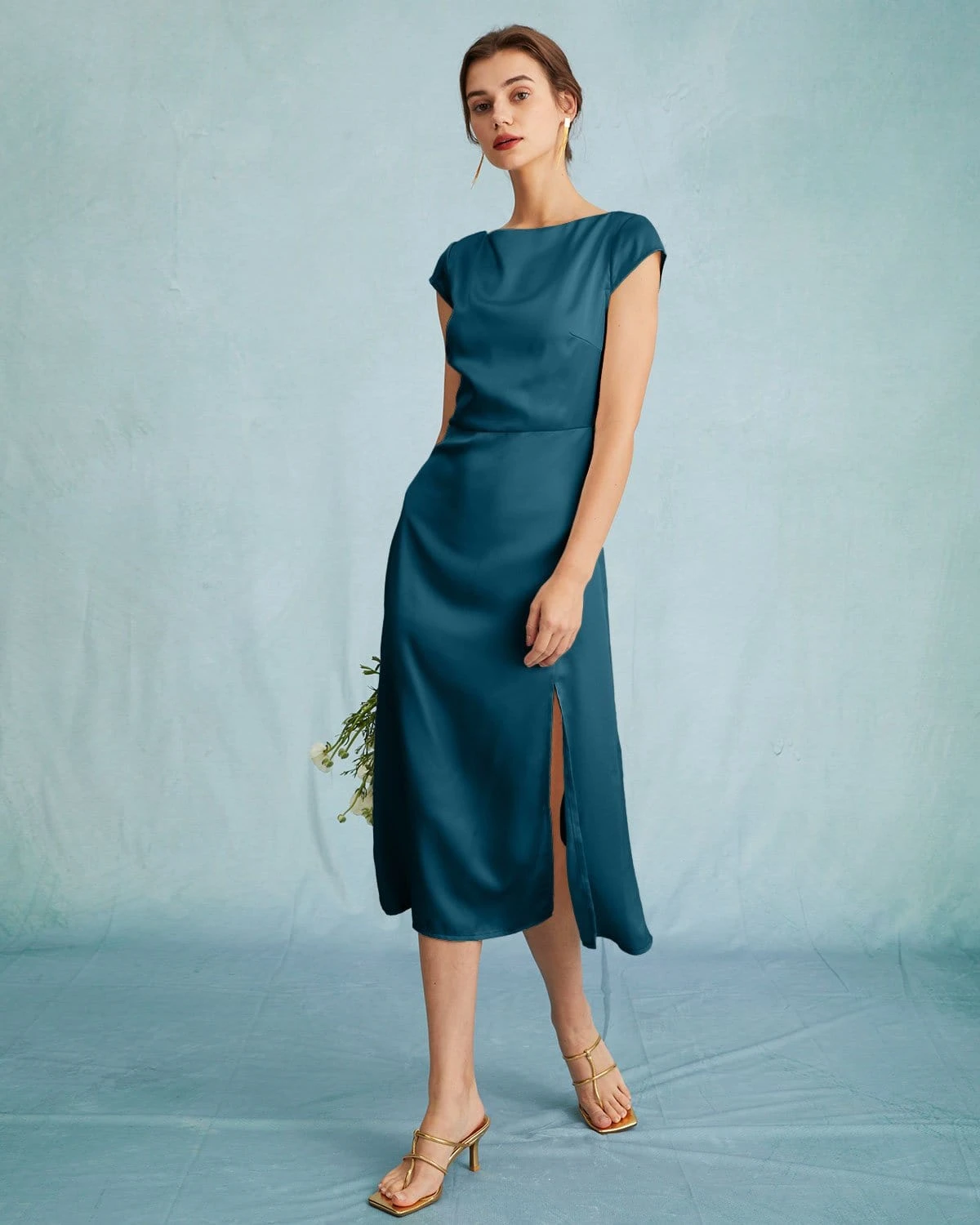 The Navy Satin Cap Sleeve Sheath Slit Midi Dress 2 The Navy Satin Cap Sleeve Sheath Slit Midi Dress - Image 2