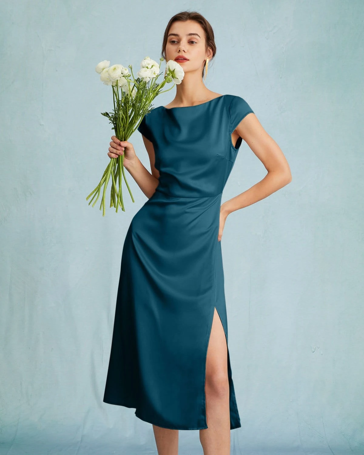 The Navy Satin Cap Sleeve Sheath Slit Midi Dress 1 The Navy Satin Cap Sleeve Sheath Slit Midi Dress