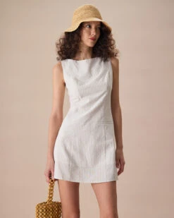 The Beige Boat Neck Striped Mini Dress