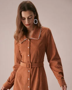 The Brown Lapel Button Corduroy Midi Dress -CINN Clothing Shop the brown collared corduroy midi dress dresses d1pjzk