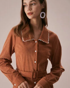 The Brown Lapel Button Corduroy Midi Dress -CINN Clothing Shop the brown collared corduroy midi dress dresses vp8i04