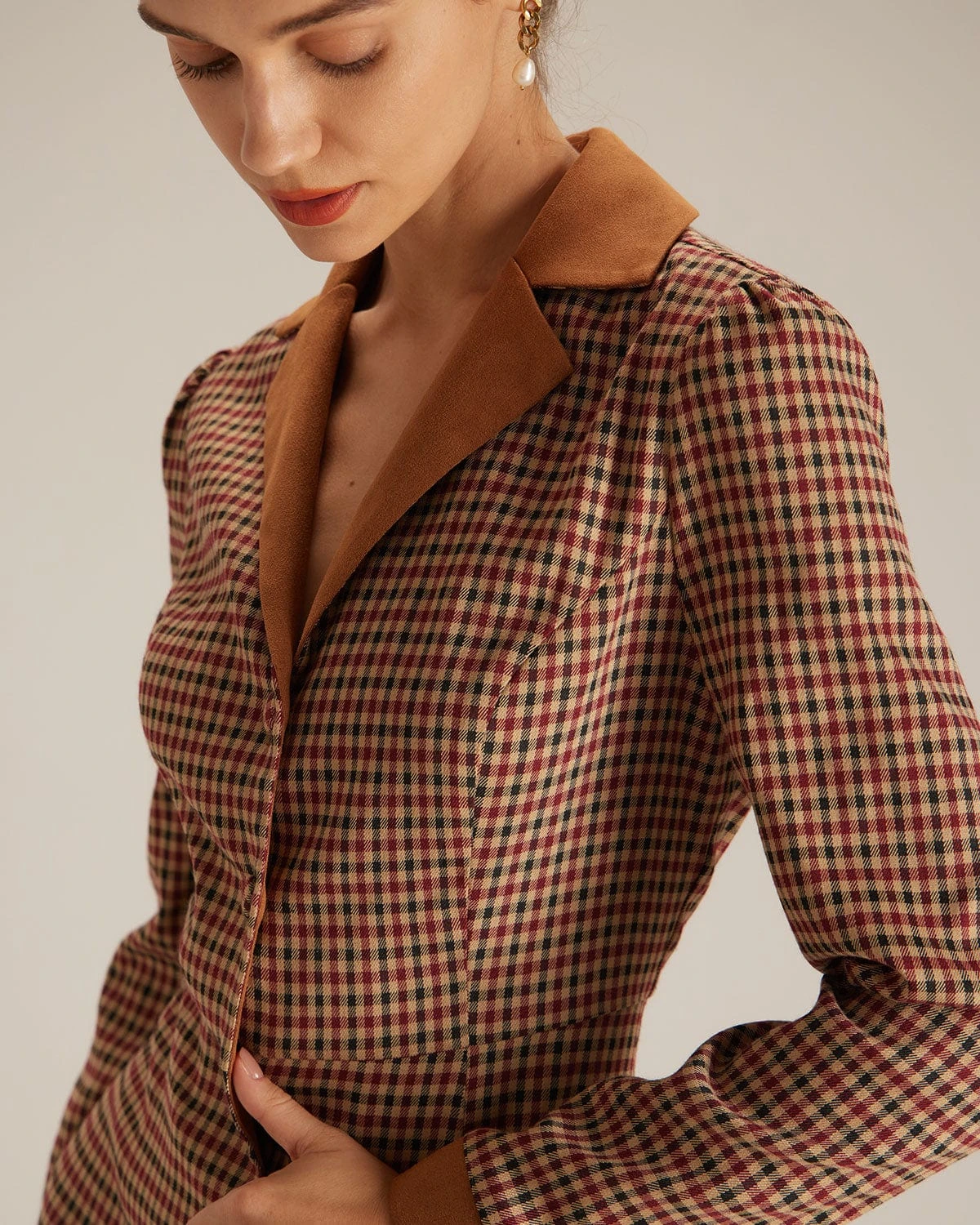 The Brown Plaid Spliced Suede Mini Dress 2 The Brown Plaid Spliced Suede Mini Dress - Image 2