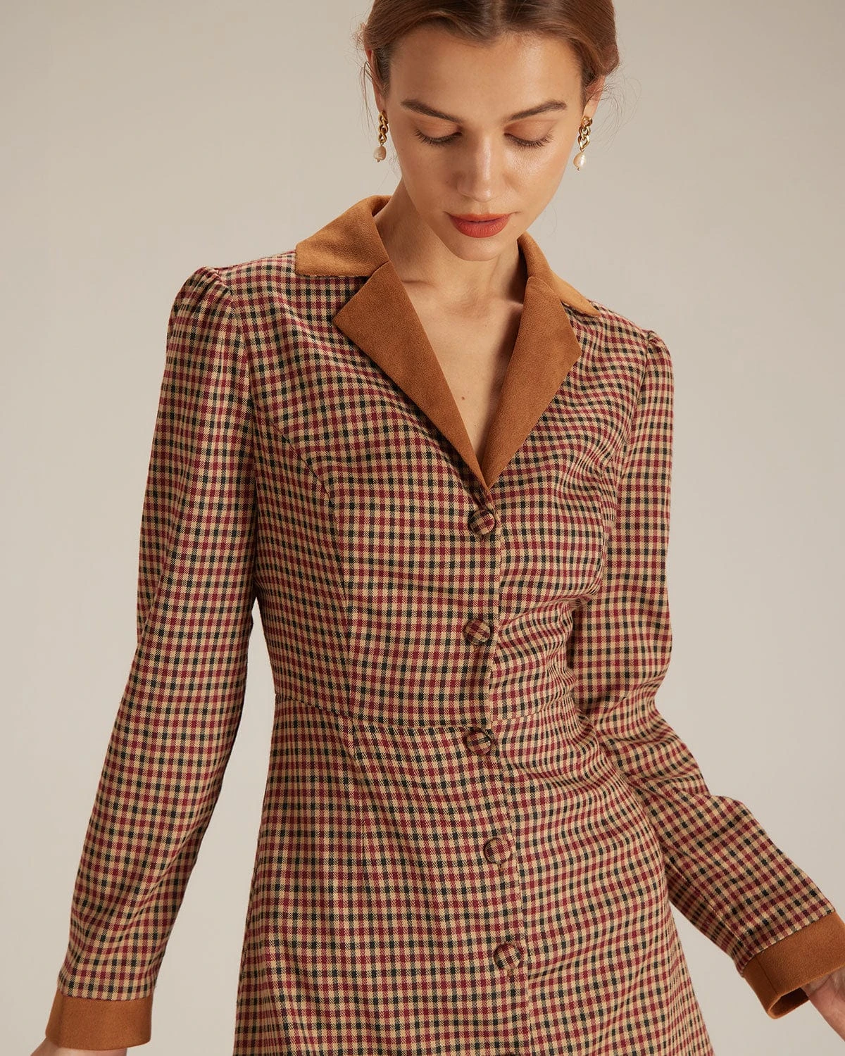 The Brown Plaid Spliced Suede Mini Dress 3 The Brown Plaid Spliced Suede Mini Dress - Image 3