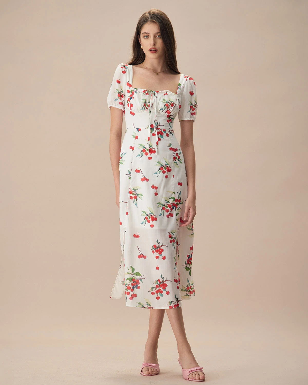 The White Puff Sleeve Cherry Split Midi Dress 1 The White Puff Sleeve Cherry Split Midi Dress