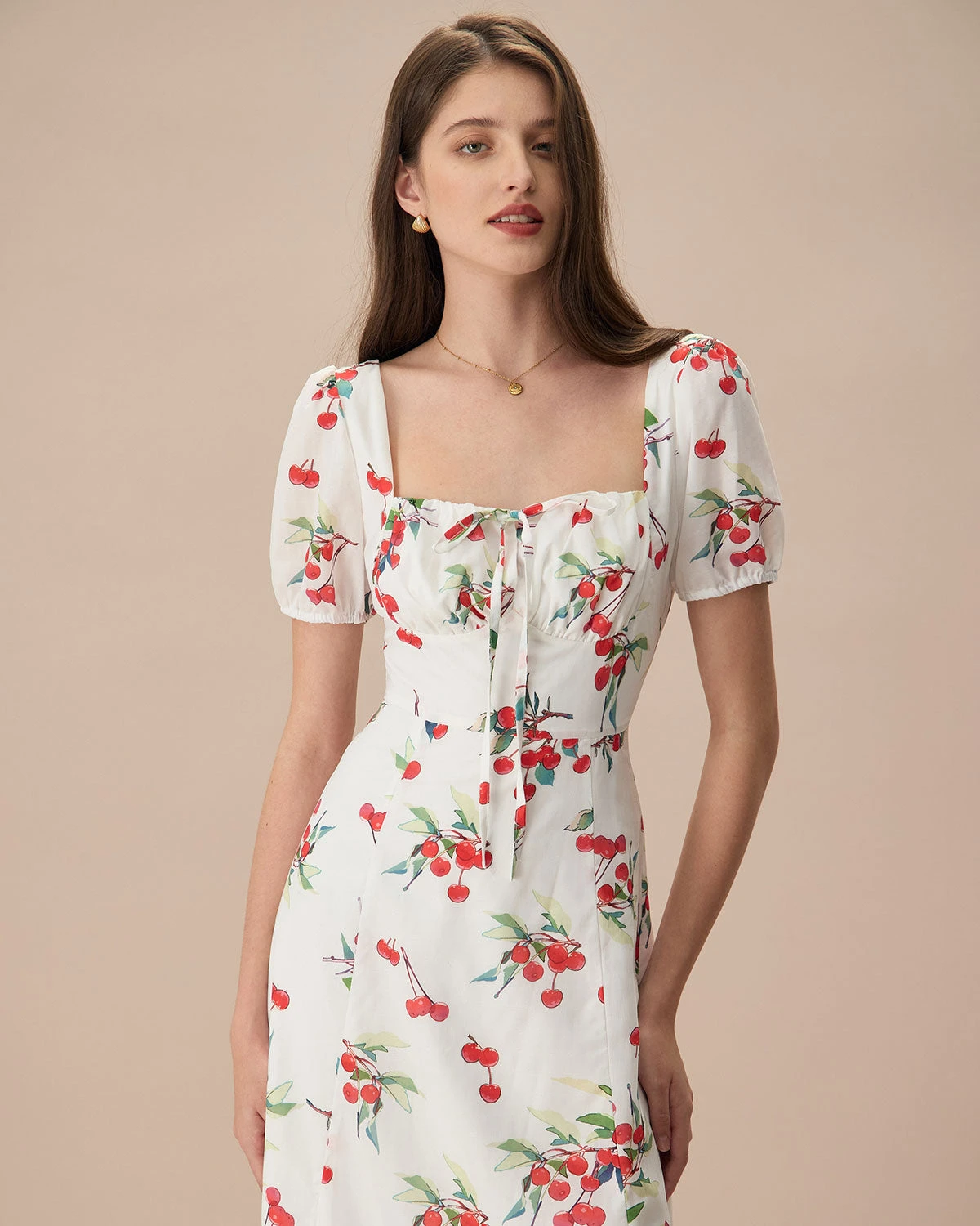 The White Puff Sleeve Cherry Split Midi Dress 2 The White Puff Sleeve Cherry Split Midi Dress - Image 2