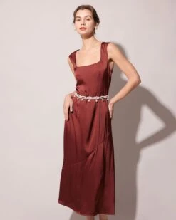 The Coffee Square Neck Sleeveless Satin Midi Dress -CINN Clothing Shop the coffee square collar satin maxi dress coffee dresses g3jv3d 206974