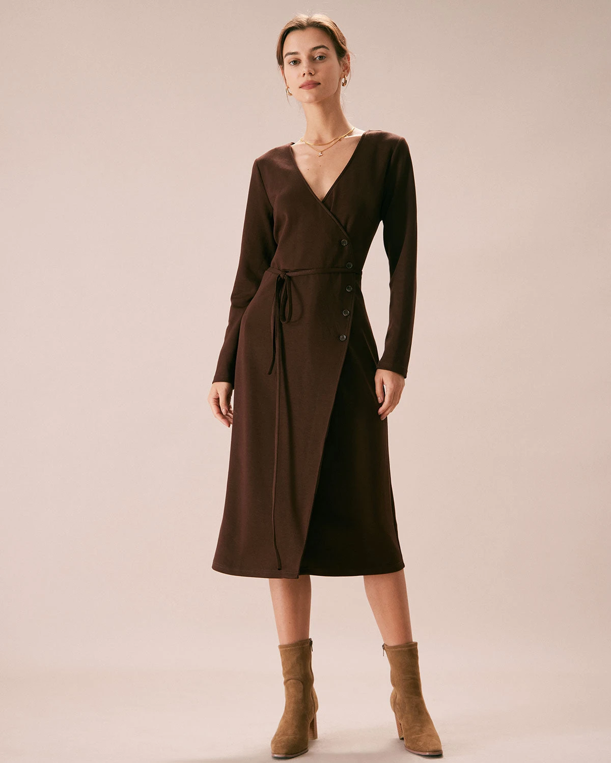 The Coffee V Neck Button Wrap Midi Dress 4 The Coffee V Neck Button Wrap Midi Dress - Image 4