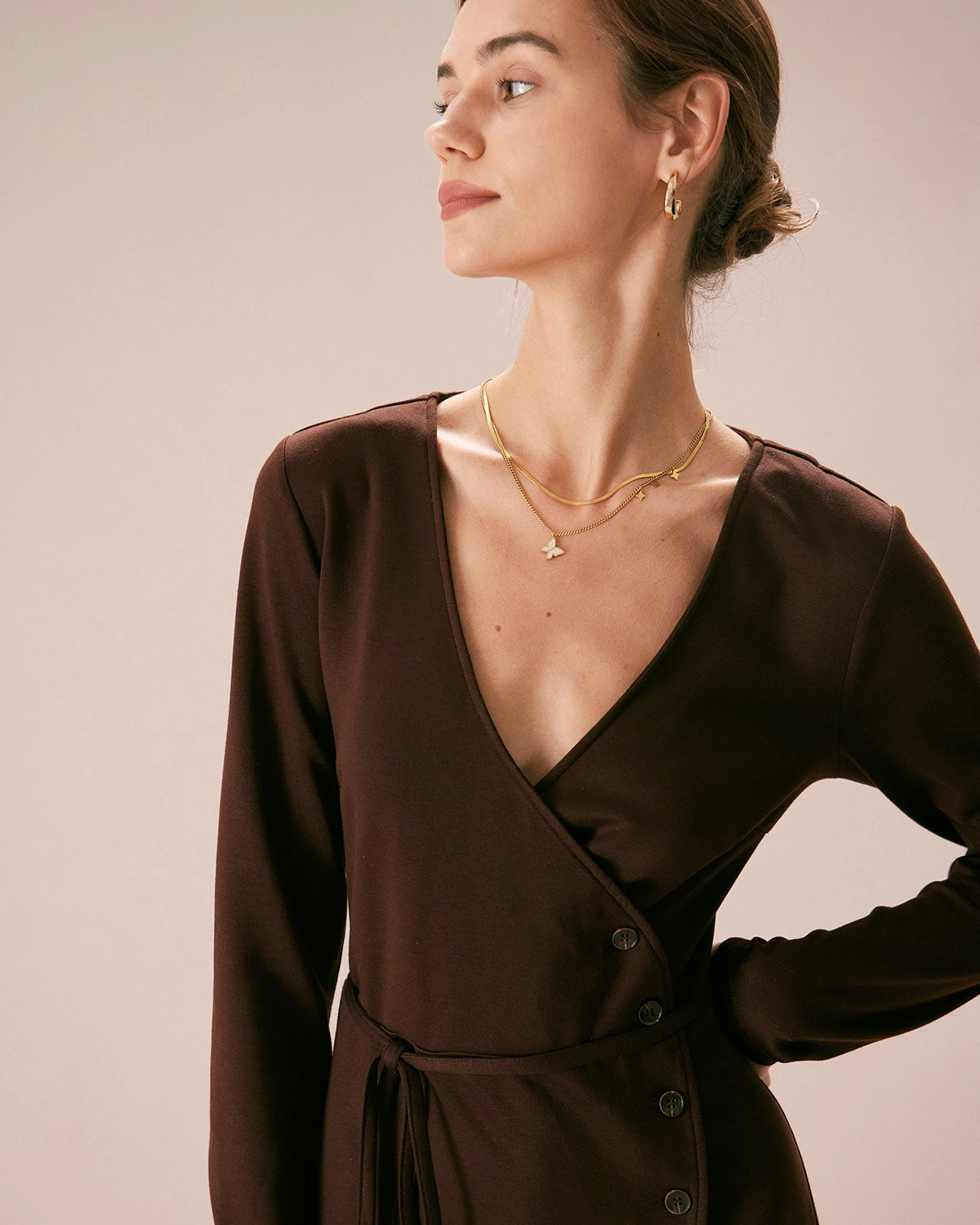 The Coffee V Neck Button Wrap Midi Dress 2 The Coffee V Neck Button Wrap Midi Dress - Image 2