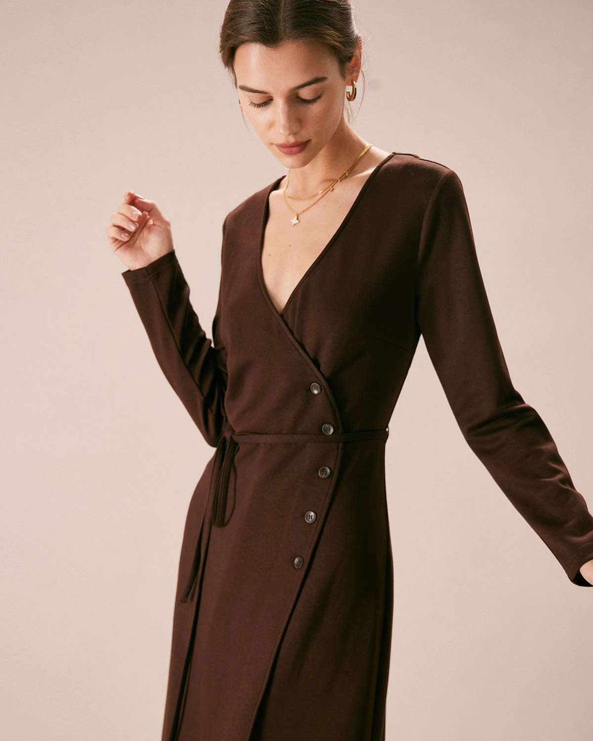 The Coffee V Neck Button Wrap Midi Dress 3 The Coffee V Neck Button Wrap Midi Dress - Image 3