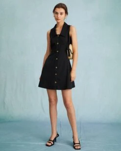 The Black Collared Sleeveless A Line Shirt Mini Dress 11 The Black Collared Sleeveless A Line Shirt Mini Dress -CINN Clothing Shop the collared sleeveless shirt dress black dresses fzcewc 229706