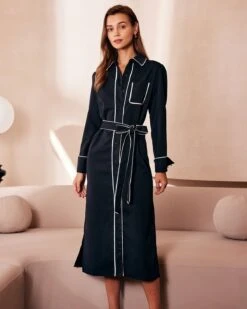 The Black Contrast Belted Shirt Midi Dress 9 The Black Contrast Belted Shirt Midi Dress -CINN Clothing Shop the contrast trim belted shirt dress black dresses asvz6a 430753