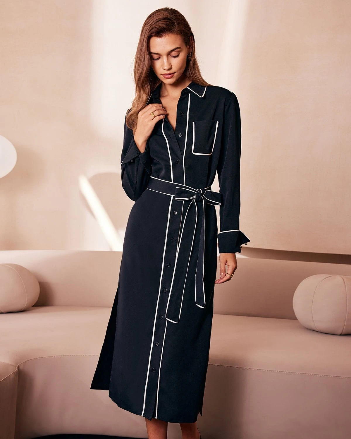 The Black Contrast Belted Shirt Midi Dress 1 The Black Contrast Belted Shirt Midi Dress