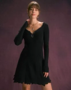 The Black Contrast Trim A-Line Knit Mini Dress -CINN Clothing Shop the contrast trim knitted dress dresses oznrzw