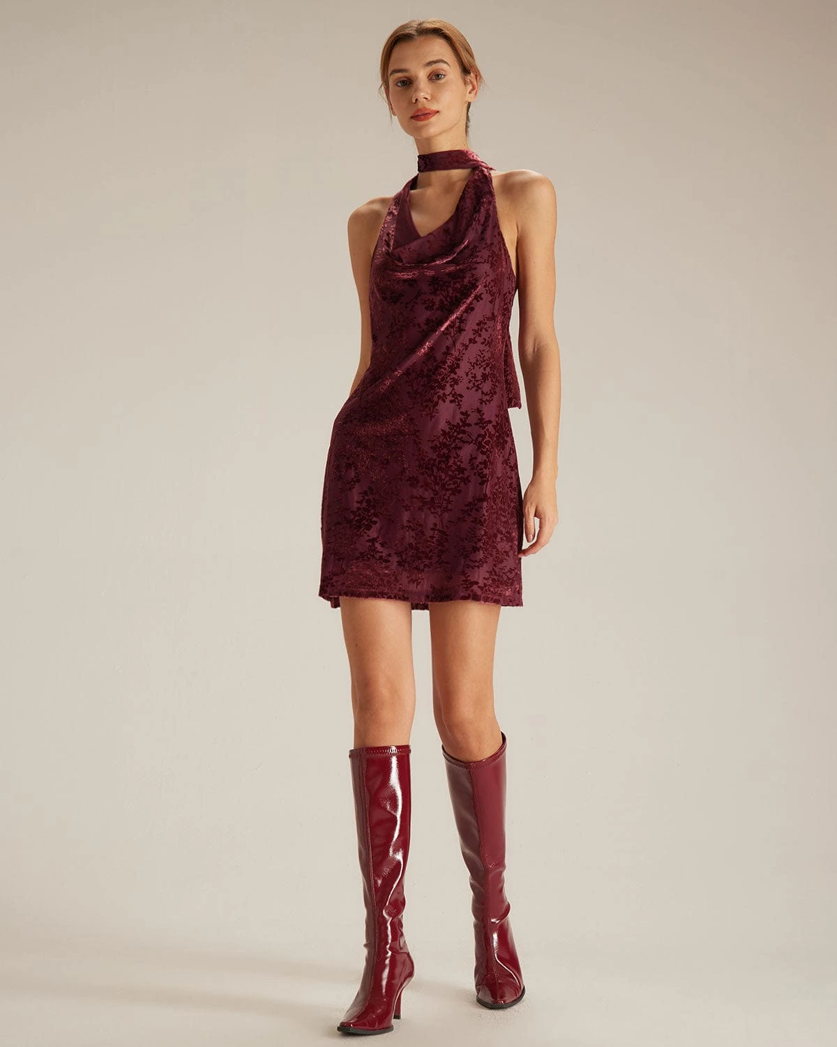 The Wine Red Halter Floral Burnout Mini Dress 2 The Wine Red Halter Floral Burnout Mini Dress - Image 2