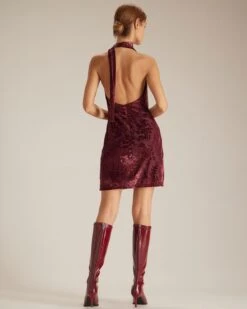 The Wine Red Halter Floral Burnout Mini Dress 11 The Wine Red Halter Floral Burnout Mini Dress -CINN Clothing Shop the cowl neck burnout halter dress dresses jpz48u