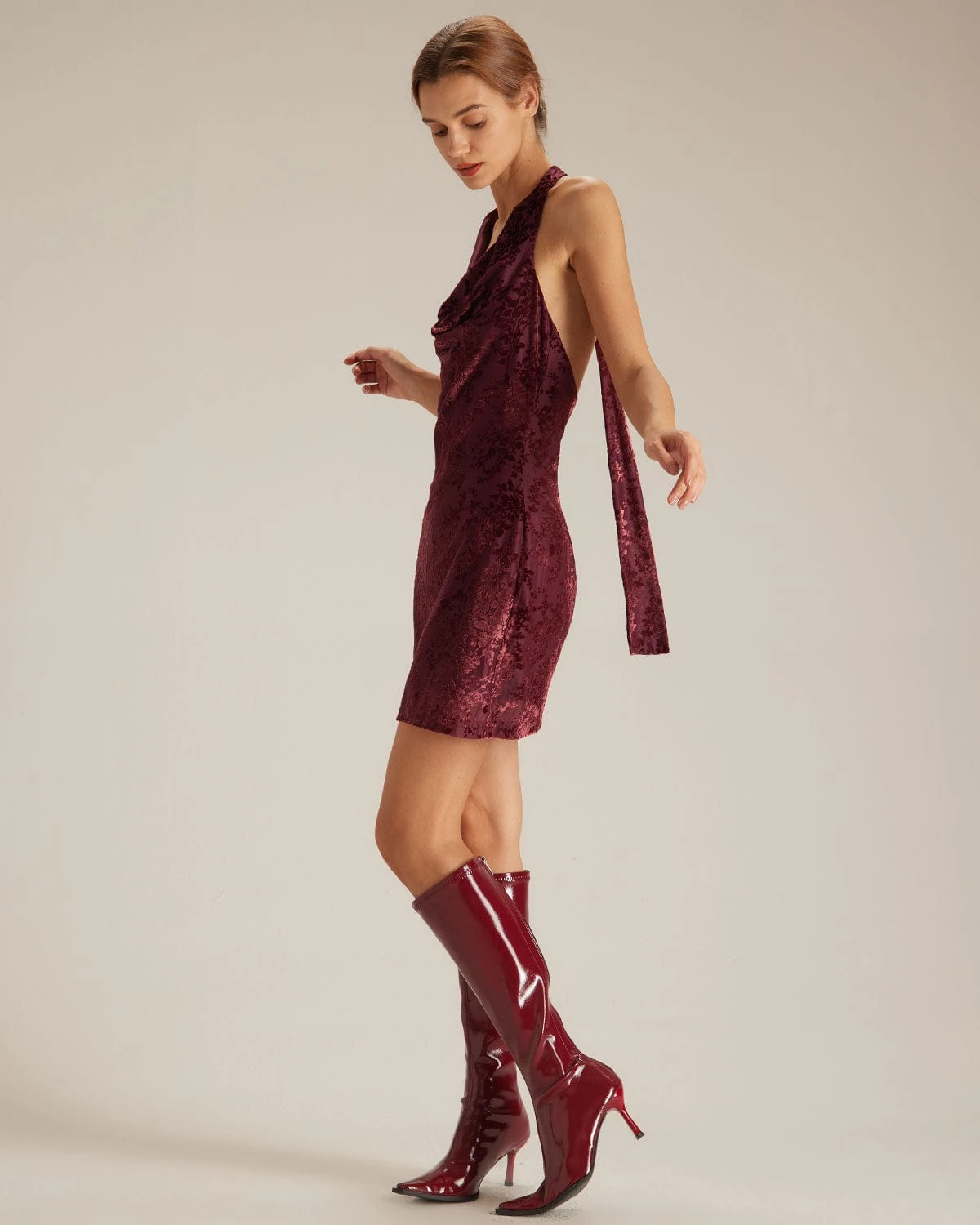 The Wine Red Halter Floral Burnout Mini Dress 5 The Wine Red Halter Floral Burnout Mini Dress - Image 5