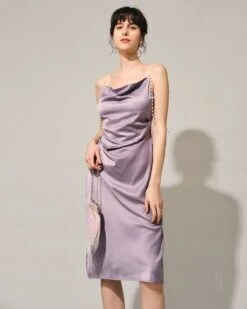 The Solid Cowl Neck Pearl Strap Midi Dress