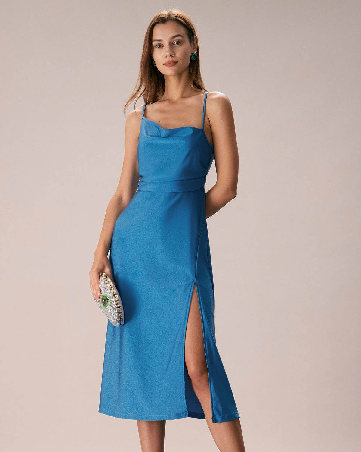 The Blue Cowl Neck Ruched Slip Midi Dress 1 The Blue Cowl Neck Ruched Slip Midi Dress