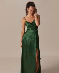 The Green Cowl Neck Jacquard Satin Maxi Dress -CINN Clothing Shop the cowl neck satin jacquard dress dresses ncga11 935954