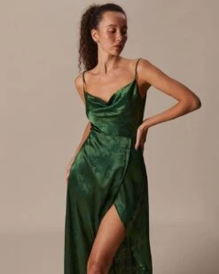 The Green Cowl Neck Jacquard Satin Maxi Dress -CINN Clothing Shop the cowl neck satin jacquard dress dresses vwg2j4 529478