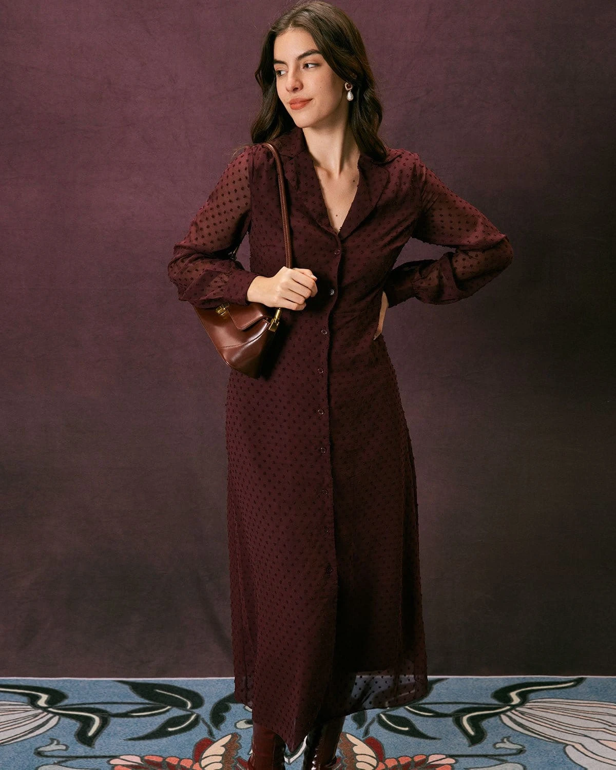 The Dark Red Lapel Dobby Mesh Maxi Dress 1 The Dark Red Lapel Dobby Mesh Maxi Dress