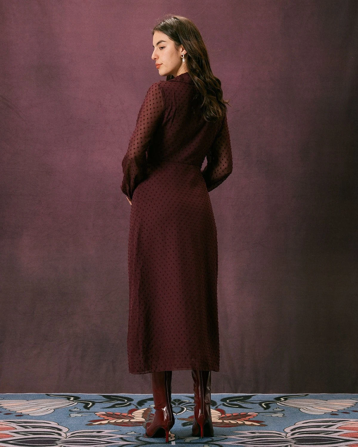The Dark Red Lapel Dobby Mesh Maxi Dress 6 The Dark Red Lapel Dobby Mesh Maxi Dress - Image 6