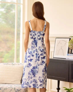 The Blue Elasticized Shoulder Straps Floral Midi Dress 10 The Blue Elasticized Shoulder Straps Floral Midi Dress -CINN Clothing Shop the elasticized shoulder straps blue floral dress dresses dtyxtd