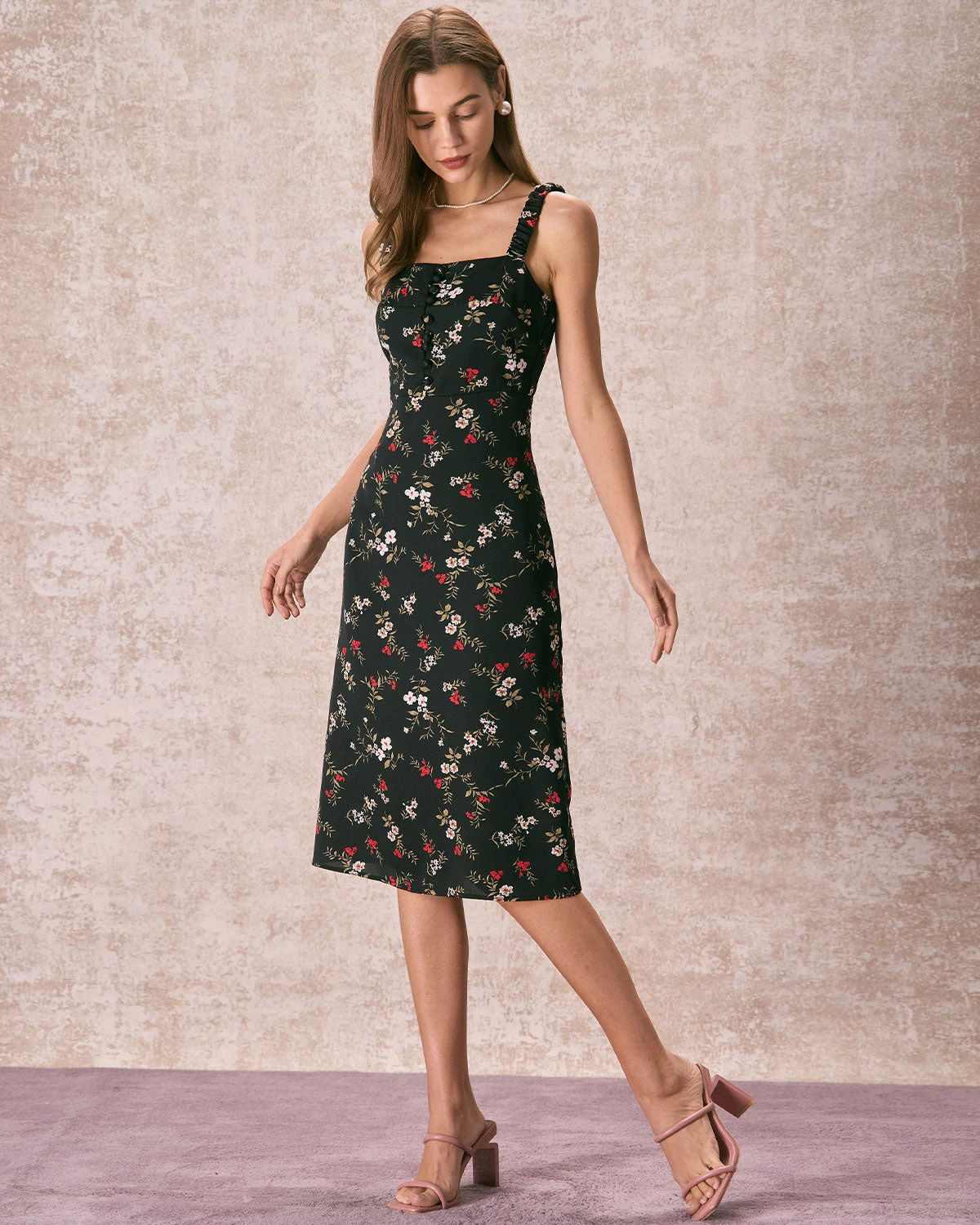 The Black Elasticized Straps Floral Midi Dress 3 The Black Elasticized Straps Floral Midi Dress - Image 3