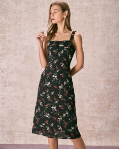 The Black Elasticized Straps Floral Midi Dress 12 The Black Elasticized Straps Floral Midi Dress -CINN Clothing Shop the elasticized shoulder straps floral dress dresses ni8rqw
