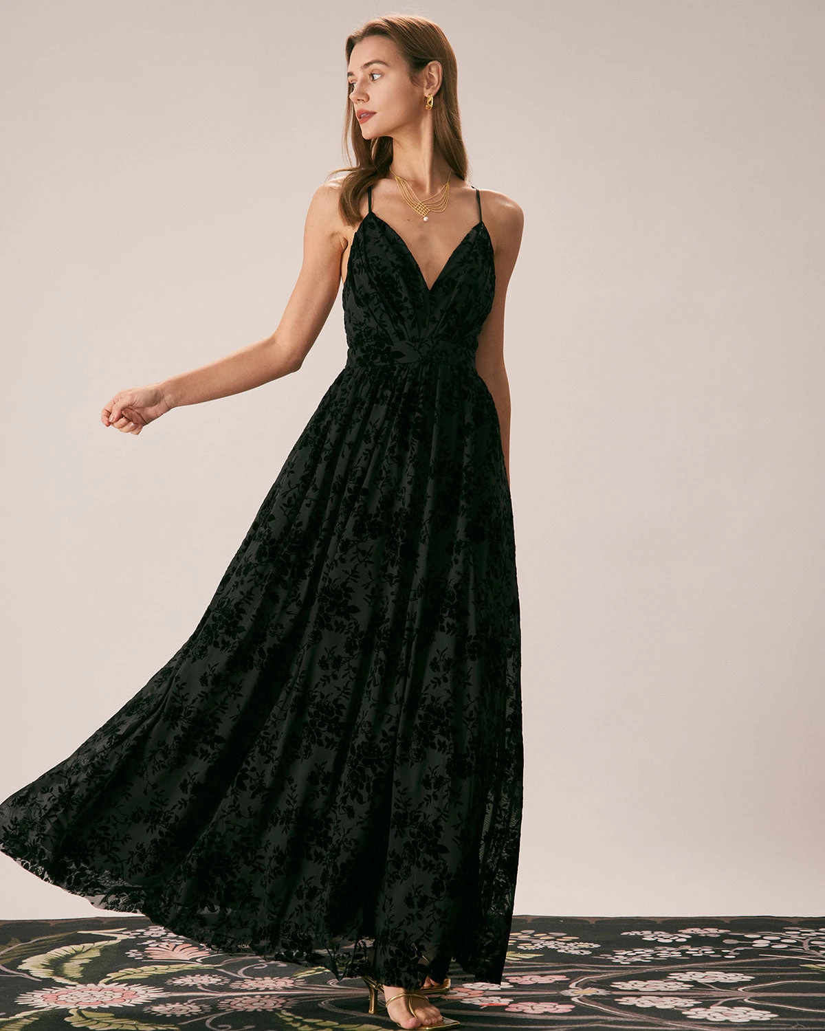 The Black Floral Flocked Mesh Slit Maxi Dress 3 The Black Floral Flocked Mesh Slit Maxi Dress - Image 3