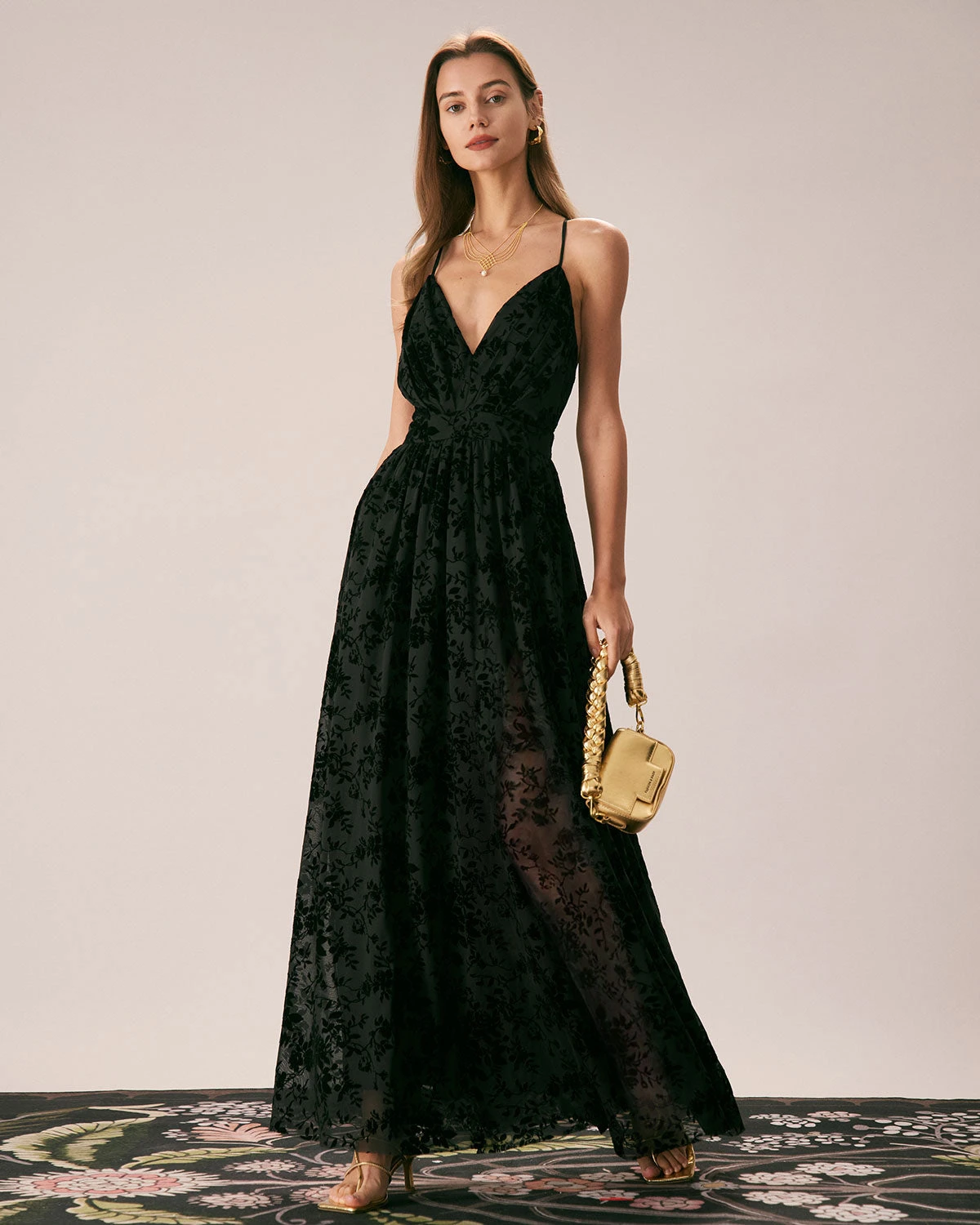 The Black Floral Flocked Mesh Slit Maxi Dress 1 The Black Floral Flocked Mesh Slit Maxi Dress