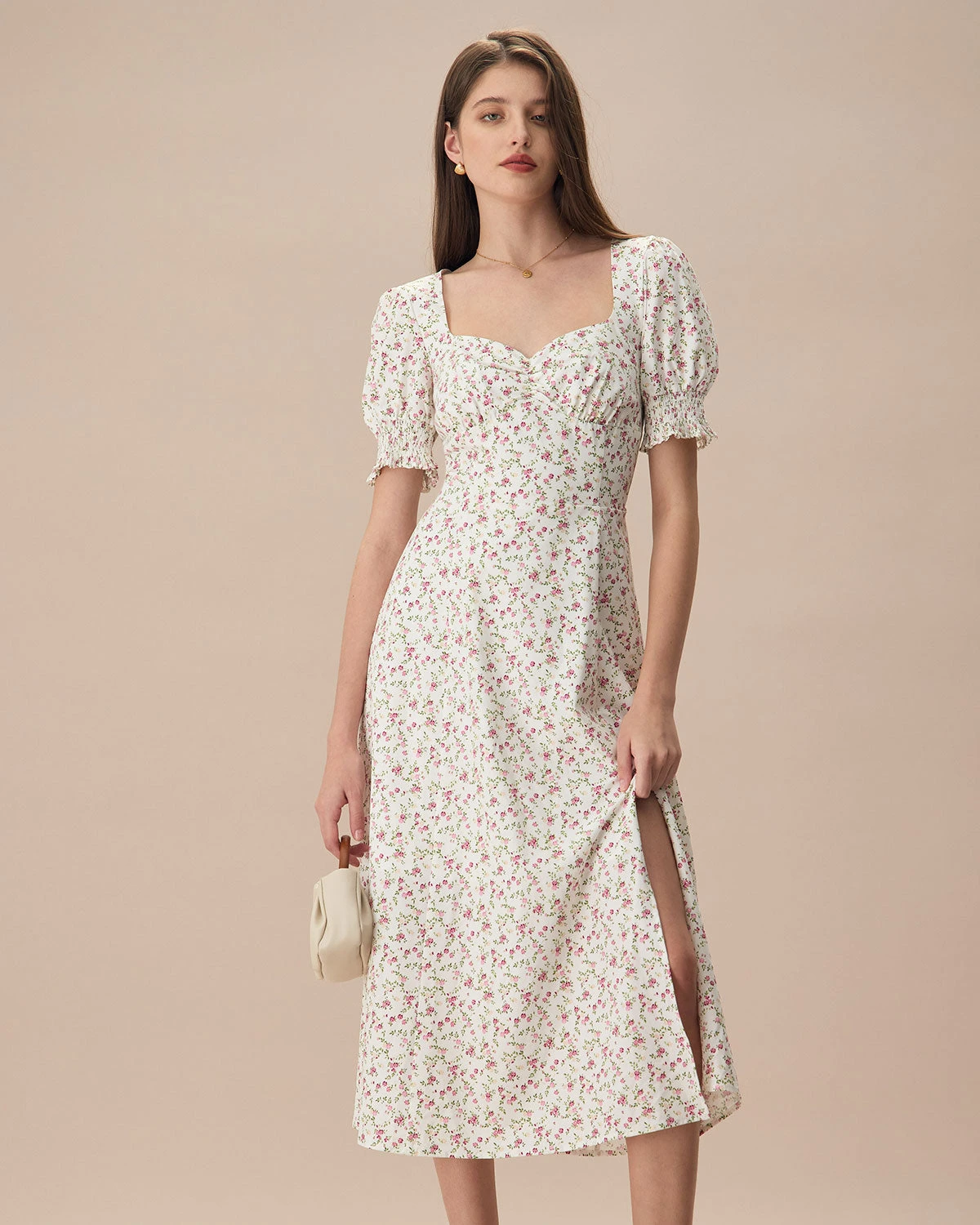 The Beige Sweetheart Neck Puff Sleeve Floral Midi Dress 1 The Beige Sweetheart Neck Puff Sleeve Floral Midi Dress