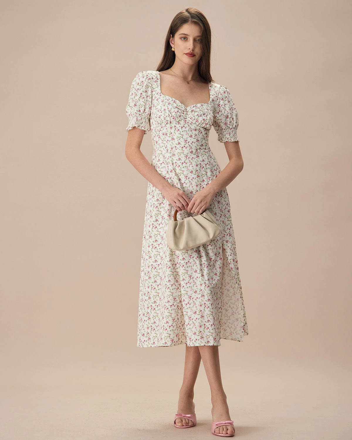 The Beige Sweetheart Neck Puff Sleeve Floral Midi Dress 3 The Beige Sweetheart Neck Puff Sleeve Floral Midi Dress - Image 3