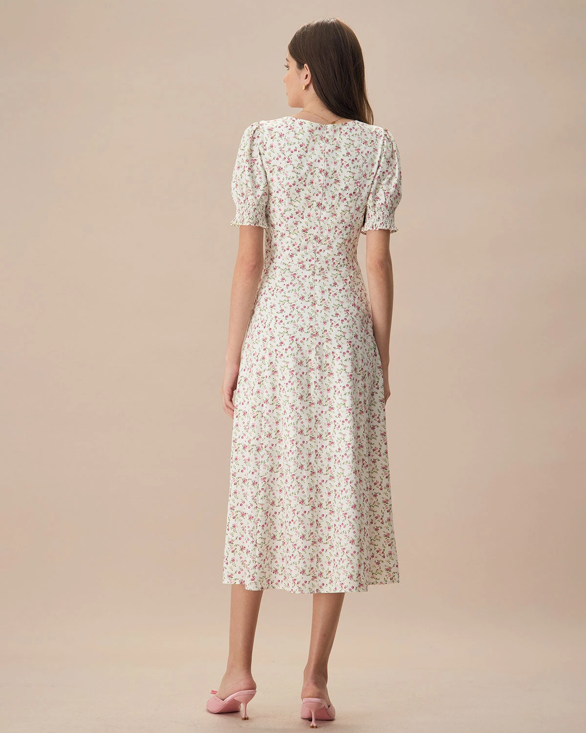 The Beige Sweetheart Neck Puff Sleeve Floral Midi Dress 5 The Beige Sweetheart Neck Puff Sleeve Floral Midi Dress - Image 5