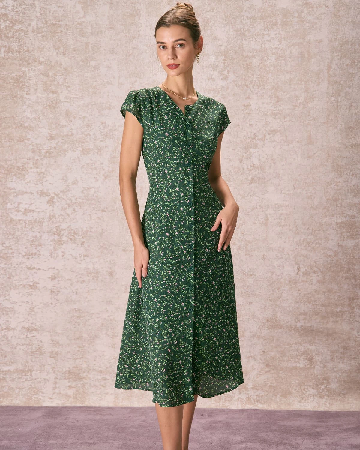 The Green Crew Neck Button-up Floral Midi Dress 1 The Green Crew Neck Button-up Floral Midi Dress