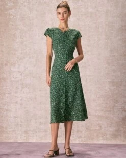 The Green Crew Neck Button-up Floral Midi Dress 12 The Green Crew Neck Button-up Floral Midi Dress -CINN Clothing Shop the green crew neck floral midi dress dresses xp6nci