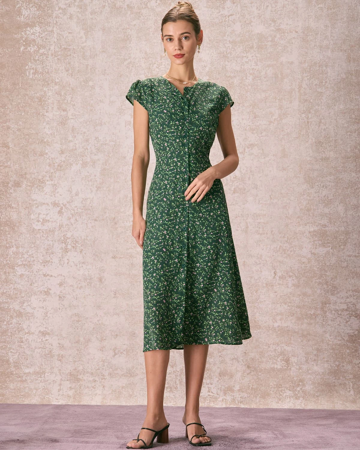 The Green Crew Neck Button-up Floral Midi Dress 5 The Green Crew Neck Button-up Floral Midi Dress - Image 5