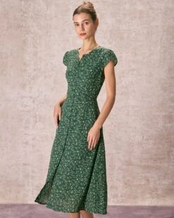 The Green Crew Neck Button-up Floral Midi Dress 10 The Green Crew Neck Button-up Floral Midi Dress -CINN Clothing Shop the green crew neck floral midi dress green dresses mr4nfi