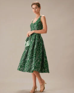 The Green V Neck Floral Pleated Midi Dress 9 The Green V Neck Floral Pleated Midi Dress -CINN Clothing Shop the green floral a line midi dress dresses 0vw6sq
