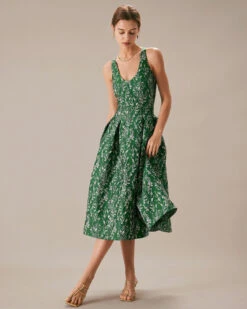 The Green V Neck Floral Pleated Midi Dress 10 The Green V Neck Floral Pleated Midi Dress -CINN Clothing Shop the green floral a line midi dress dresses j1gbbl