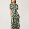 The Green Round Neck Short Sleeve Floral Midi Dress